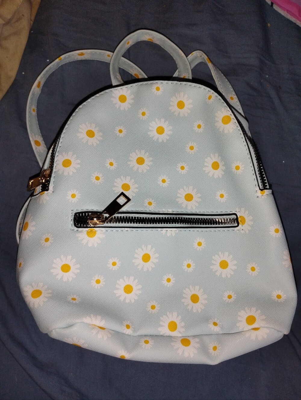 Light Blue Daisy Mini Backpack with Front Zip Pocket